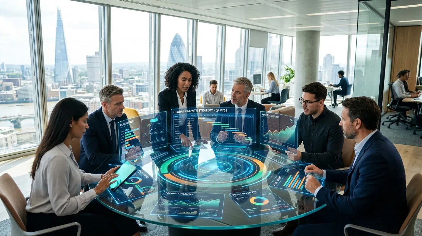 Consultants collaborating around a conference table with holographic strategy displays
