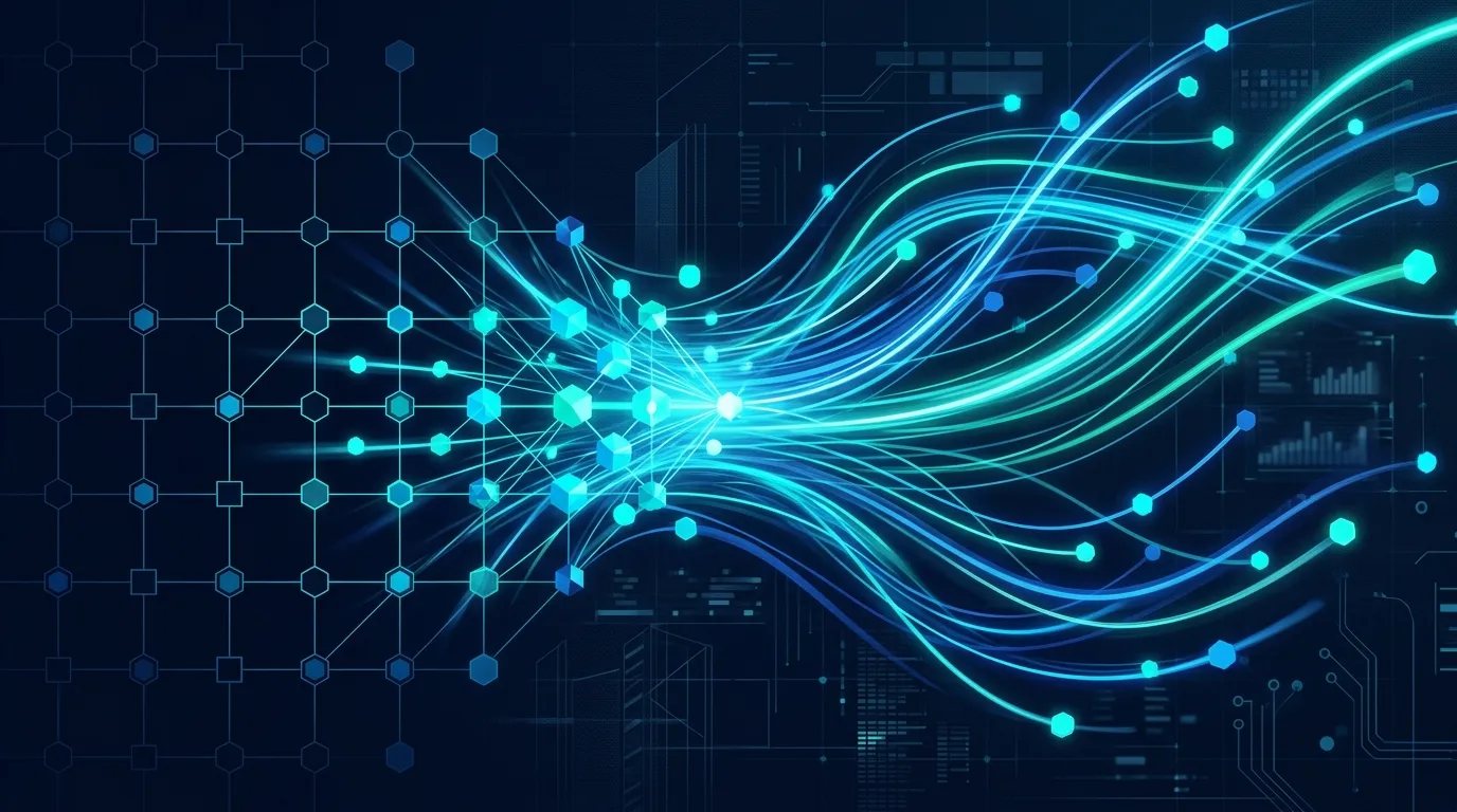 A geometric data network transforming into flowing streams of light